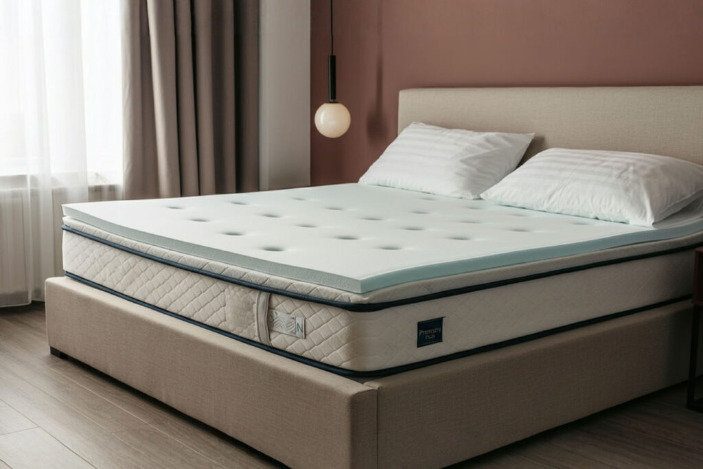 A professionally styled guest bedroom with a neatly made full size bed featuring plush white bedding. The corner of the mattress is elegantly pulled back to reveal a premium memory foam mattress topper, highlighting its thickness and comfort. Soft natural lighting streams through sheer curtains, creating an inviting and peaceful atmosphere that emphasizes comfort and hospitality