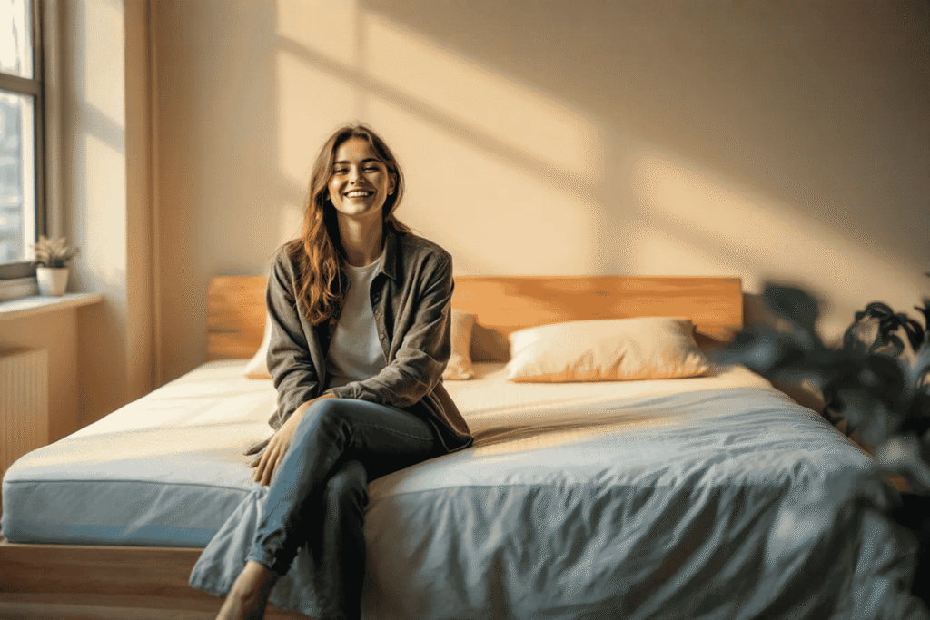 Professional photograph of a dorm bed with an egg crate mattress topper. A college student sits on the covered half with a relieved expression, demonstrating the comfort difference. The image uses natural lighting with warm tones to create an inviting atmosphere.