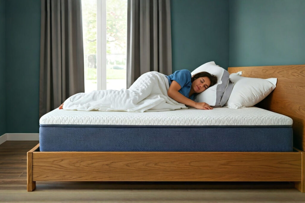 A professionally styled bedroom featuring a full size bed with a clearly visible medium-thickness mattress topper, showing its plush comfort with a person demonstrating multiple sleep positions.