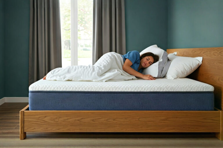 A professionally styled bedroom featuring a full size bed with a clearly visible medium-thickness mattress topper, showing its plush comfort with a person demonstrating multiple sleep positions.