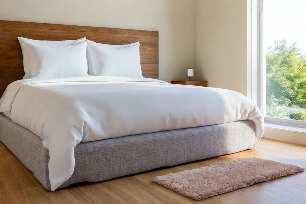 Professional overhead photograph of a neatly made king size bed with dual-zone mattress topper visible where the bedding is partially folded back. One side should appear visibly softer (more plush) than the other side, which looks firmer and more supportive. Warm morning light streams in from a window, creating an inviting atmosphere with neutral, calming bedroom tones.