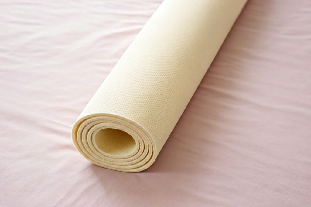 Professional overhead photograph of a natural latex mattress topper partially rolled to show its thickness and resilient structure, displayed on a neatly made bed with soft lighting highlighting its premium texture and quality.