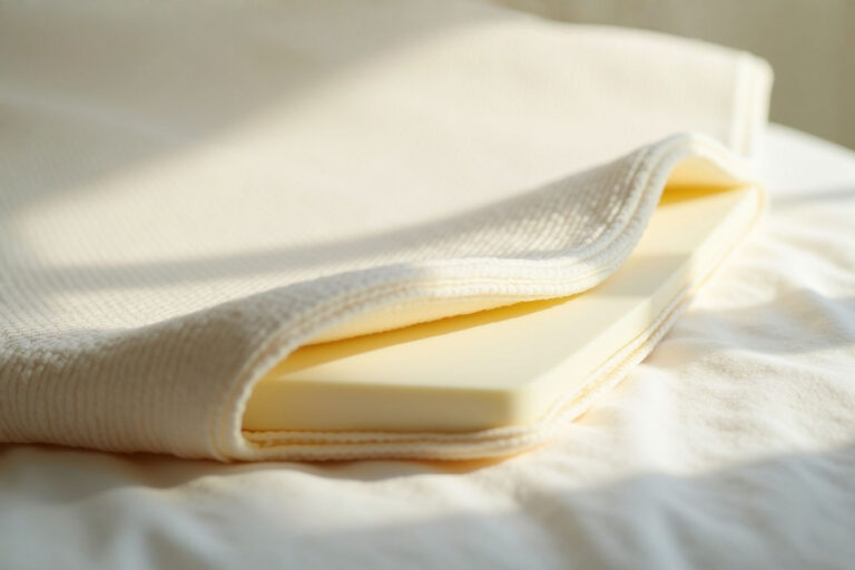 A close-up professional photograph of a natural latex mattress pad with an organic cotton cover partially folded to show its internal structure. The image should be well-lit with a clean white background, displaying the pad's distinctive cream color and resilient texture. A subtle morning sunbeam streams across the surface, suggesting the fresh, allergen-free sleep environment it provides.