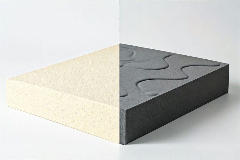 A split-view image showing two mattress toppers side by side - one natural latex (cream-colored with visible air holes) and one memory foam (charcoal gray with smooth surface). A pressure mapping visualization overlay shows weight distribution patterns on each material, with professional studio lighting and a clean white background.