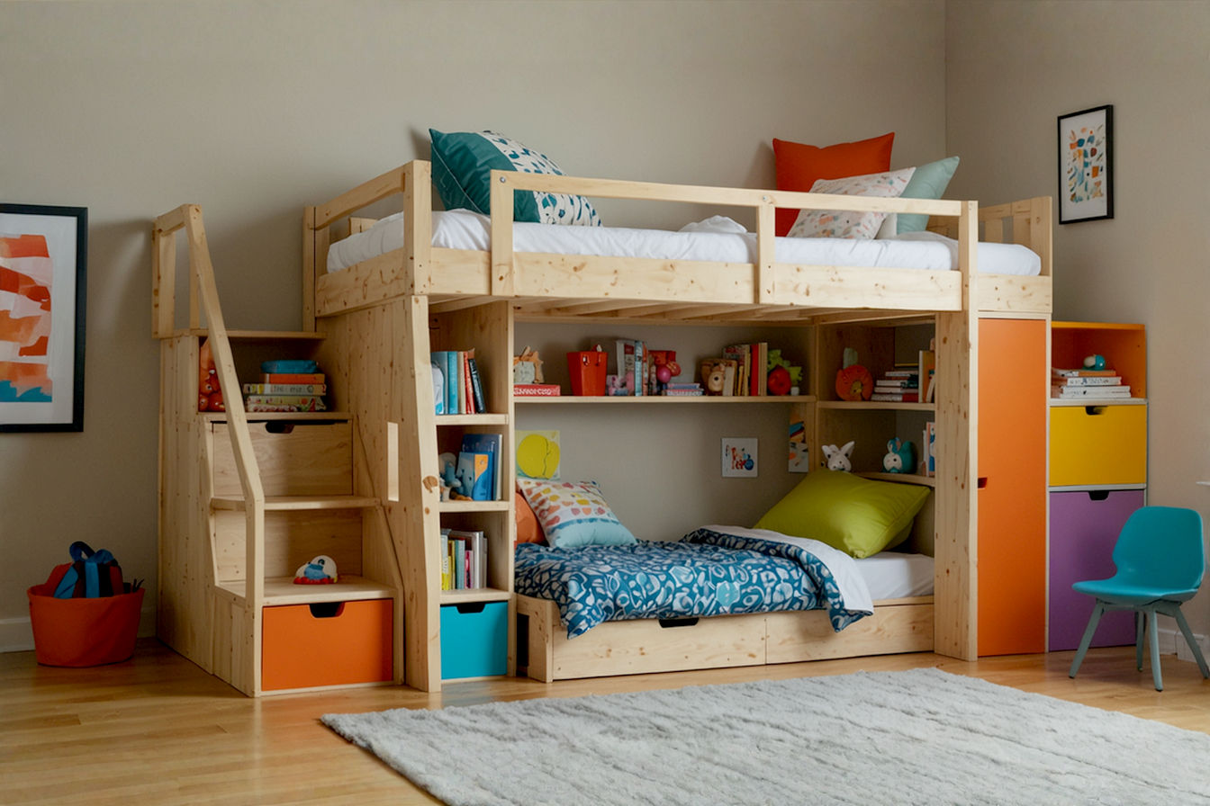 A bright, well-organized child's 50 square foot loft-space bedroom featuring a medium-height wooden loft bed with integrated stair storage. Below the bed is a neatly arranged desk area with floating shelves above, while the opposite wall showcases color-coded storage bins and wall-mounted organizers. Natural light streams in through a window, highlighting the open floor space created by the vertical storage system.