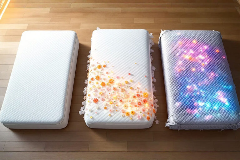 A professionally staged photograph showing a mattress in three stages of protection: one section with just the allergen barrier, the middle section with the waterproof layer added, and the final section completely wrapped with the quilted outer protection and securing straps. The image should be shot from a slightly elevated angle with natural lighting on a clean, hardwood floor background to create a crisp, instructional feel.
