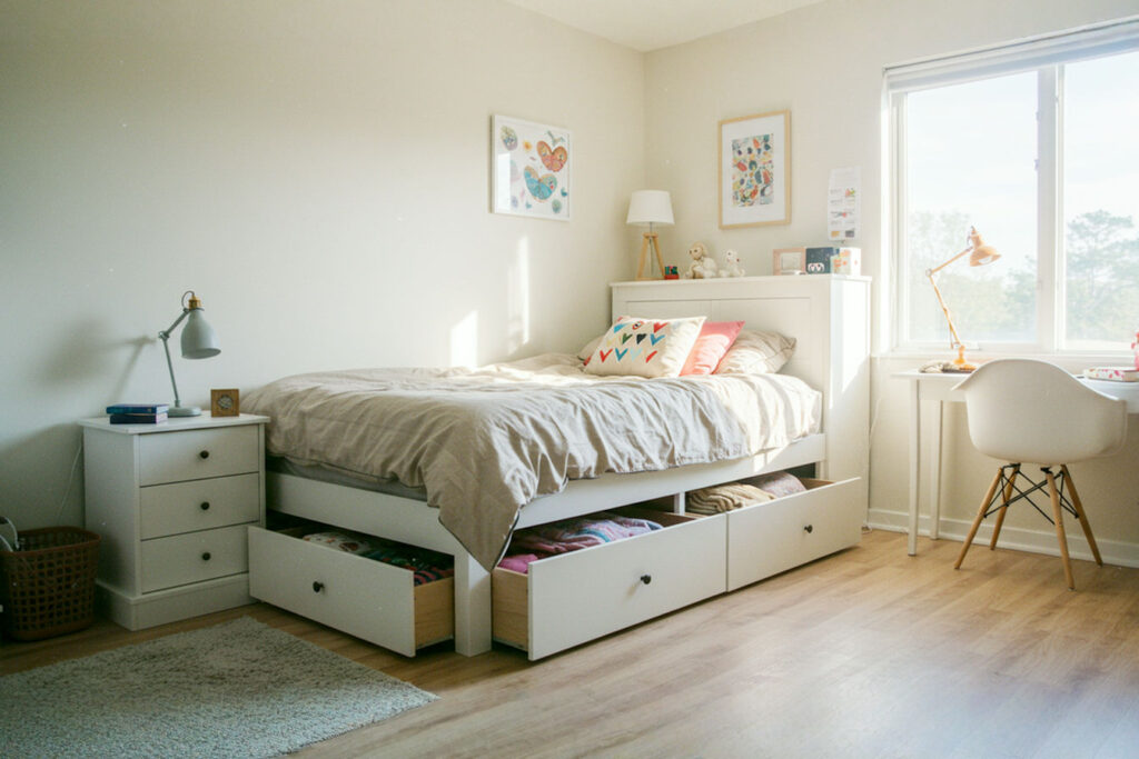 A bright, well-organized teen bedroom featuring a modern full-size platform bed with visible pull-out drawers underneath. The bed has neatly made bedding in neutral tones with a few colorful accent pillows. The surrounding room shows thoughtful organization with clear surfaces, coordinating furniture pieces, and personalized decor touches. Natural light streams in through a window, highlighting the clutter-free space and creating an inviting atmosphere.