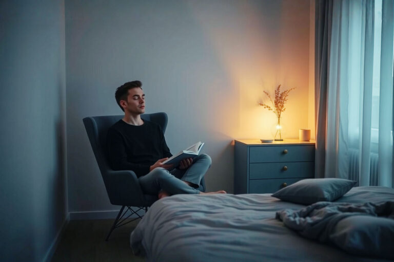 A calm, peaceful bedroom scene at dusk. Soft, warm light emanates from a small bedside lamp. A person is sitting comfortably in a chair beside the bed, perhaps reading a book or practicing gentle breathing, with eyes closed and a relaxed posture. The room is tidy and inviting, with muted, calming colors. The overall mood is tranquil and serene, illustrating the concept of winding down for sleep.