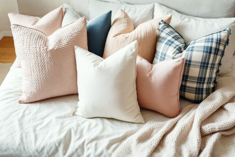 Professional overhead photograph showing a collection of plump, well-styled decorative pillows on a neutral bed. The pillows vary slightly in size and texture, but all exhibit a full, rounded appearance, highlighting the effect of correctly sized inserts. One pillow in the foreground is a 20x20 cover visibly filled out by a larger insert, suggesting the topic of the article.