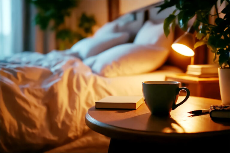 A professional photograph in warm, calming tones. The image shows a bedside table in a dimly lit, tidy bedroom. On the table, there is a physical book, a cup of herbal tea, and perhaps a small journal and pen. The bed in the background is invitingly made with soft linens. The overall feel is peaceful and relaxing, suggesting a perfect pre-sleep environment.
