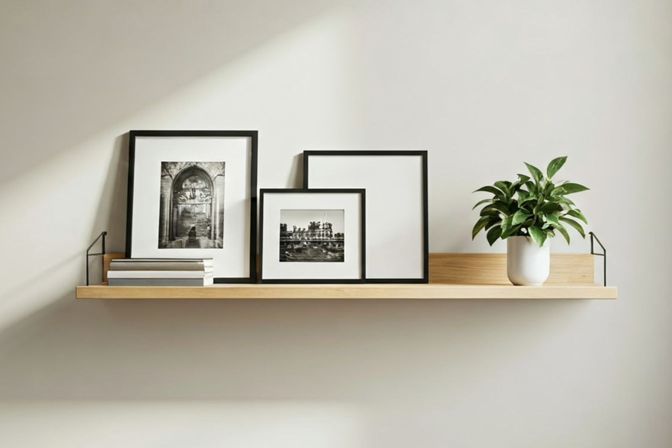 A high-quality, well-lit professional photograph showing a 48-inch light wood floating shelf mounted on a neutral-colored wall in a modern living room. The shelf is styled with a balanced arrangement of books, a small potted plant, and two framed photos, showcasing varying heights and textures. Sunlight is softly coming in from a nearby window.