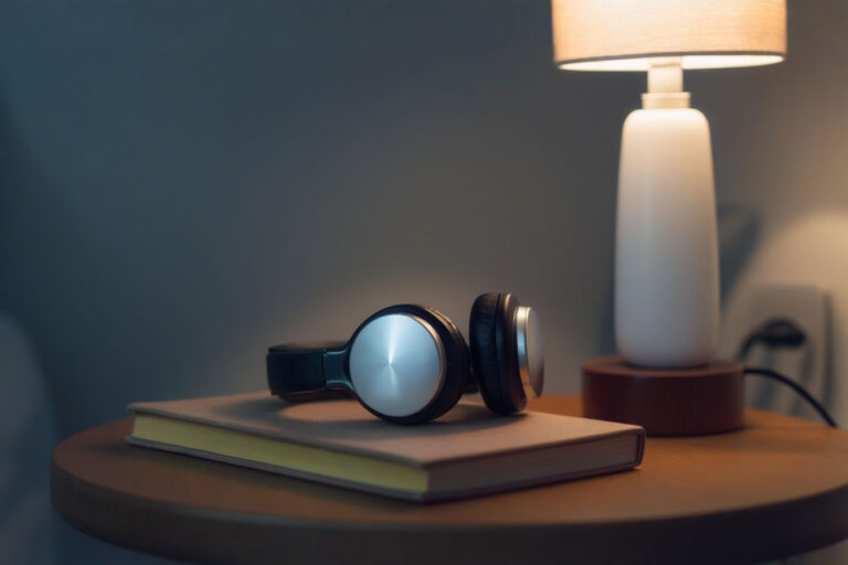 A high-quality, professional photograph in a soothing, muted color palette. The image shows a close-up of headphones or a small, modern sleep sound machine placed on a bedside table next to a gently lit lamp and a book. The background is slightly blurred to focus on the device, conveying a sense of calm, technology, and the nighttime routine.