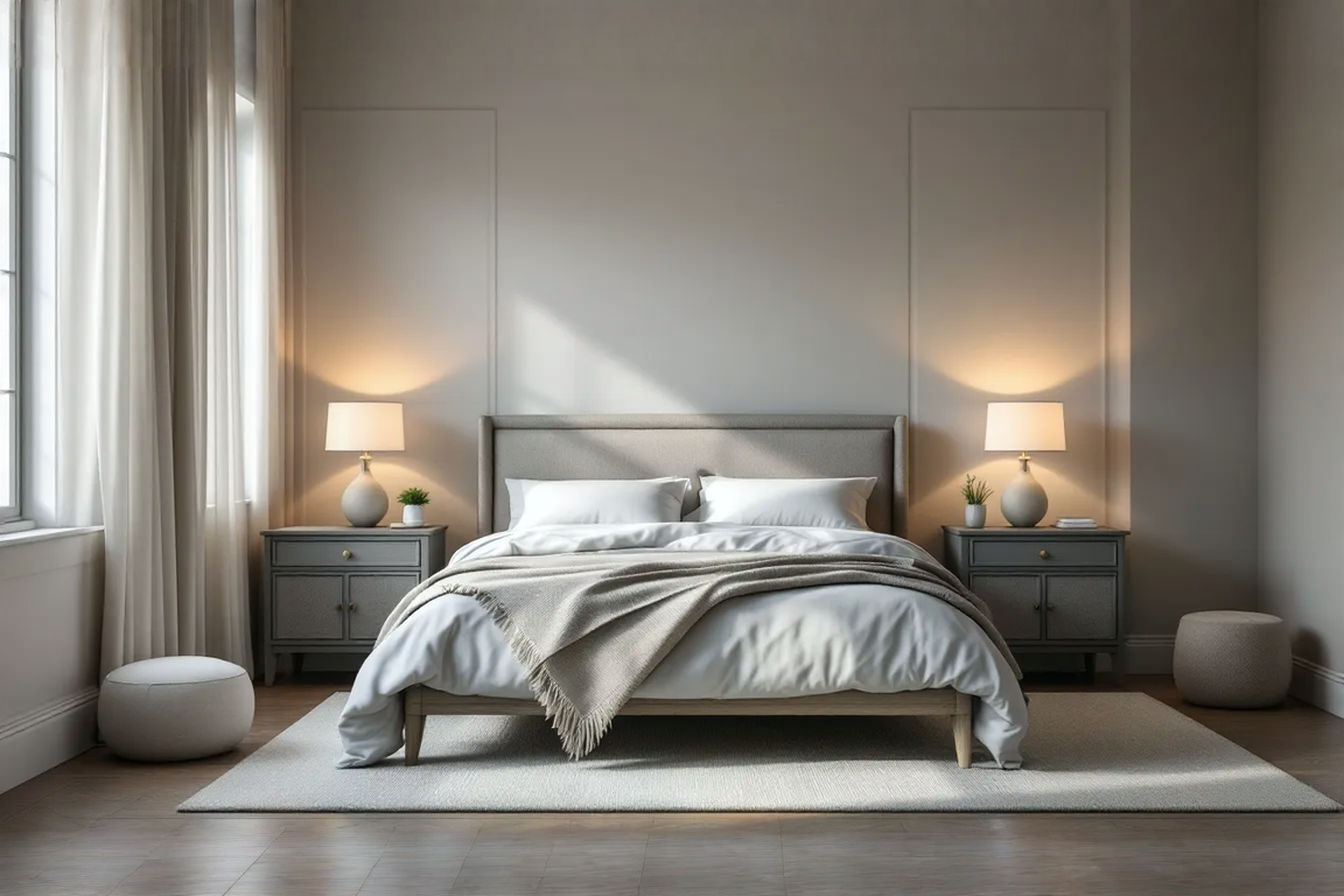A professional photograph of a serene and inviting master bedroom. The room features a neatly made bed with layered bedding, appropriate-sized nightstands with reading lamps, and soft ambient lighting. Natural light streams in through a window with simple, elegant window treatments. The furniture is well-proportioned to the room, and the overall impression is one of calm, comfort, and thoughtful design.