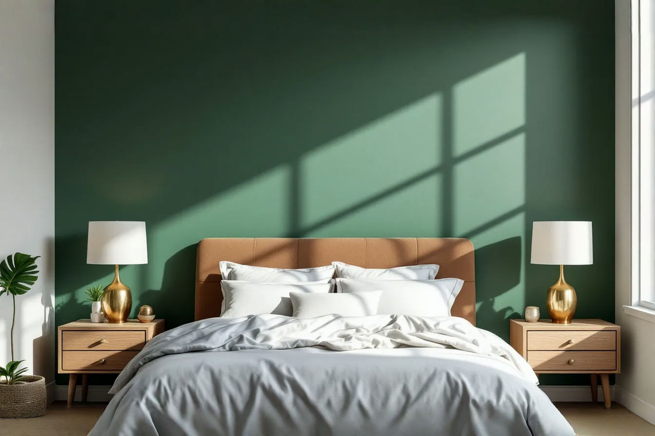 A stylish master bedroom scene focusing on a wall behind the bed painted in a deep, rich forest green accent color. The bed is dressed in crisp white and layered neutral-toned bedding. Sunlight streams in from a nearby window, highlighting the texture of the wall. Elegant bedside lamps sit on wooden nightstands. The overall feel is sophisticated, calming, and inviting, showcasing the power of the accent wall. Professional photography style.