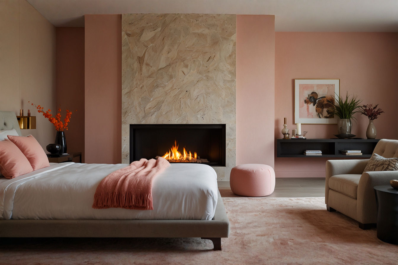Professional interior photography of a beautifully designed master bedroom featuring a modern linear gas fireplace integrated into a stone accent wall. The fire is on, casting a warm glow. Luxurious textiles are layered on the bed and nearby armchair. The overall scene is serene, inviting, and highlights the fireplace as a central feature.