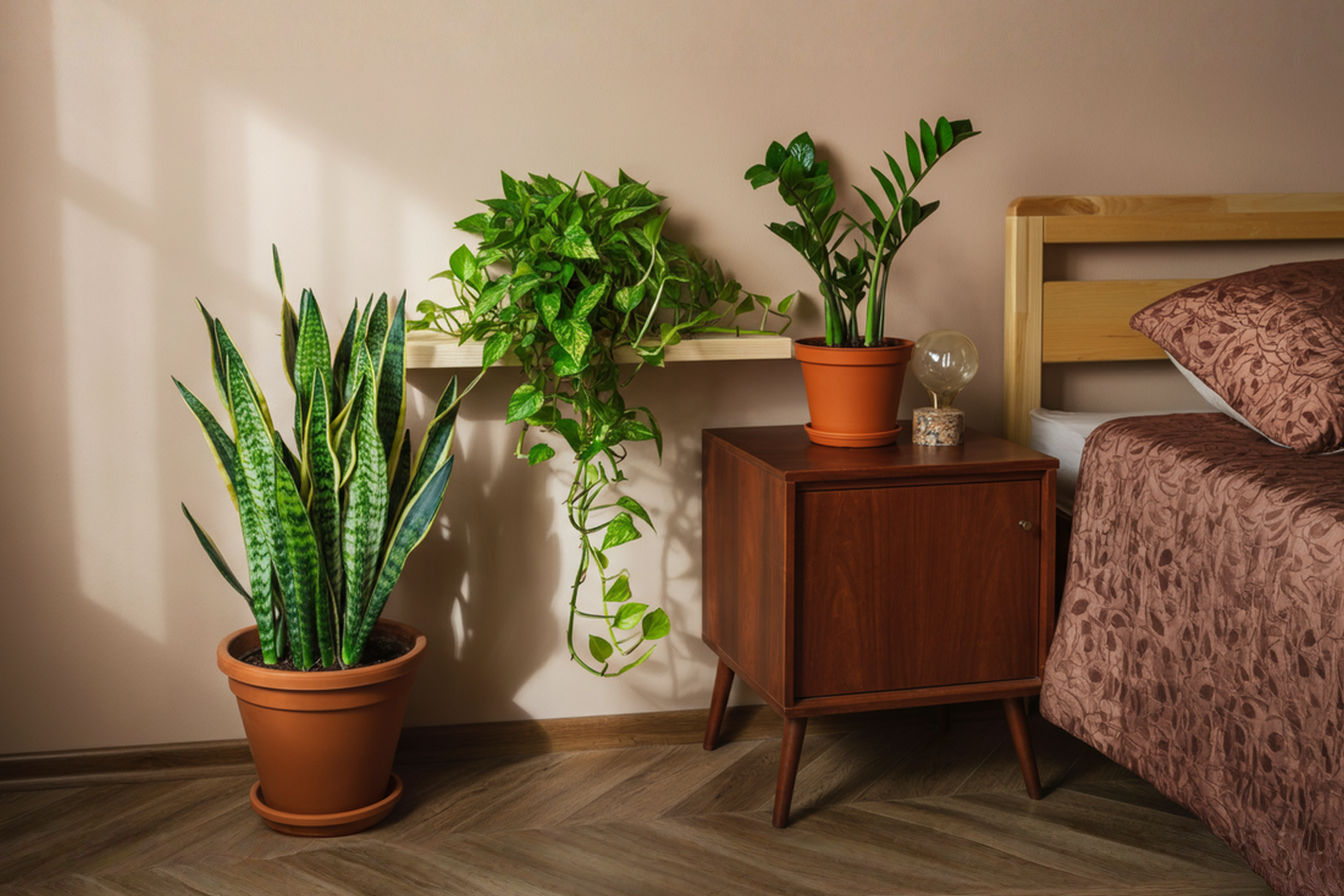 Professional, bright photograph of a styled bedroom corner featuring a large Snake Plant in a terracotta pot on the floor, a medium-sized ZZ Plant on a bedside table, and a Pothos trailing from a shelf above. The room is softly lit, showcasing the plants thriving in ambient light. The overall feel is calm and inviting.
