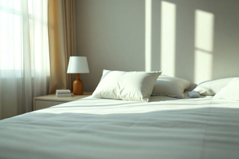 Professional lifestyle photograph. A serene bedroom setting with soft, natural morning light. The focus is on a neatly made bed where a very thin, low-profile pillow is visible. A person is implied to have just woken up refreshed, perhaps a hint of a relaxed arm or shoulder in view, but the primary subject is the thin pillow in context, highlighting its minimal height. The overall mood is calm, comfortable, and indicative of a good night's sleep. Colors are muted and soothing.