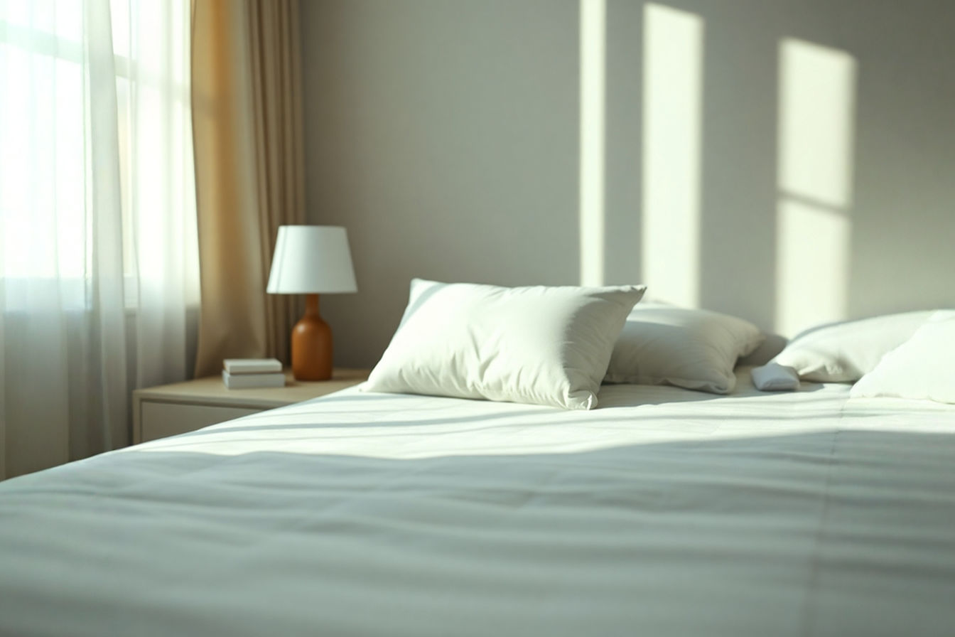 Professional lifestyle photograph. A serene bedroom setting with soft, natural morning light. The focus is on a neatly made bed where a very thin, low-profile pillow is visible. A person is implied to have just woken up refreshed, perhaps a hint of a relaxed arm or shoulder in view, but the primary subject is the thin pillow in context, highlighting its minimal height. The overall mood is calm, comfortable, and indicative of a good night's sleep. Colors are muted and soothing.