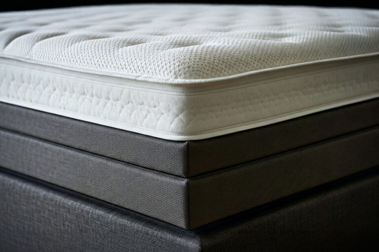 Professional, well-lit photograph showing a corner detail of a high-end mattress, highlighting visible layers of luxurious natural materials like tufted wool, cotton, and perhaps a glimpse of a pocketed coil system. The image should convey quality, craftsmanship, and comfort, possibly with a soft, inviting color palette.