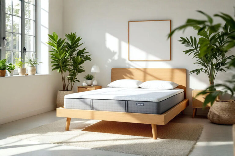 A bright, modern bedroom scene focusing on a stylish bed. The bed has a queen size mattress on a contemporary platform bed frame with visible wooden slats. The room is clean and well-lit, with minimalist decor, emphasizing the modern aesthetic that box spring alternatives can help achieve. The image should convey comfort and updated style.