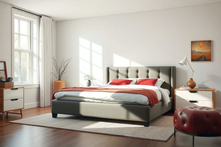 A bright, clean bedroom scene featuring a stylish, yet clearly affordable, upholstered king-size bed with a simple headboard. The room has minimalist decor, suggesting a budget-conscious but aesthetically pleasing approach. Soft, natural light fills the room. The focus is on the bed as the central, aspirational element within a realistic, attainable setting.