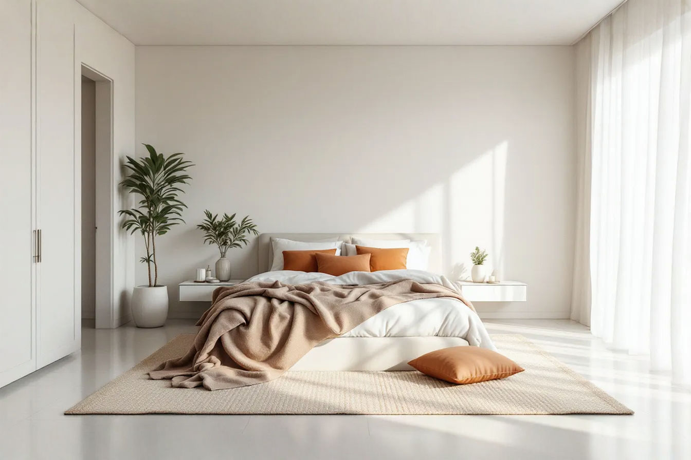 A beautifully styled, calm master bedroom with modern, clean lines and soft lighting. The image features a mix of textures (a cozy throw blanket, a simple area rug) and a few well-chosen decor items. The overall impression is one of comfort and style achieved without excessive cost, showcasing affordable elegance.