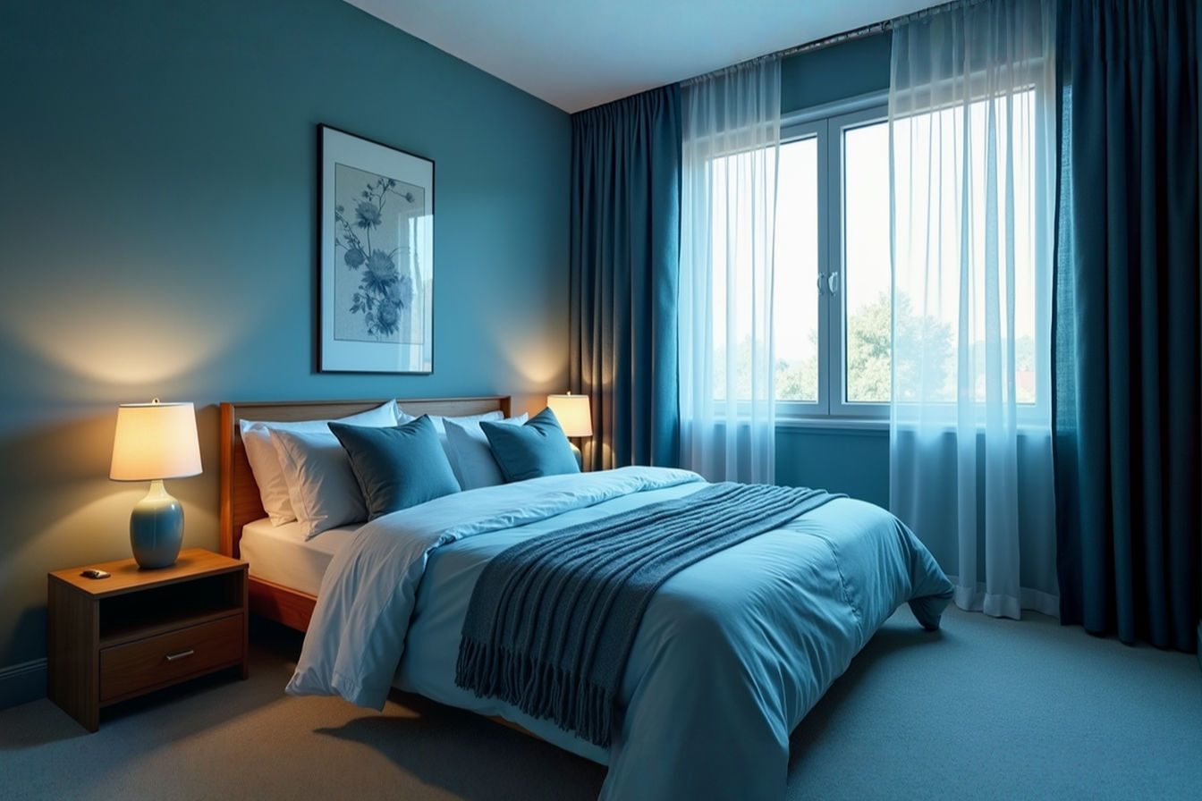 Professional interior photography of a serene master bedroom decorated in calming blue tones. The image showcases a bed with layered blue bedding and pillows, a soft blue wall color, natural wood furniture, and warm, soft lighting from a bedside lamp. A large window with sheer blue curtains allows diffused natural light to enter. The overall style is peaceful, inviting, and sophisticated.
