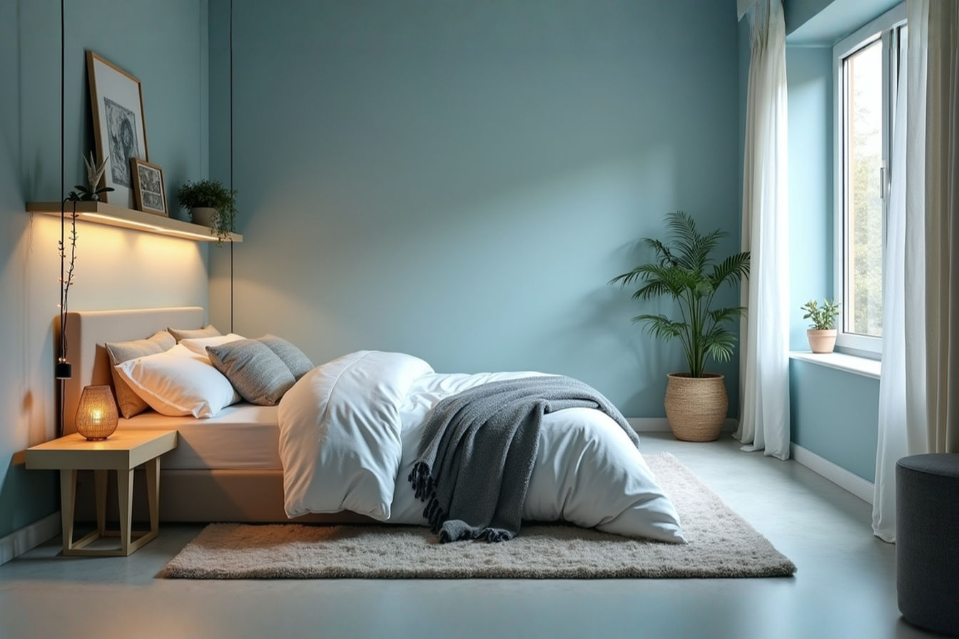 Professional interior photography showing a small, beautifully designed bedroom. The room features soft, muted blue walls, a bed layered with plush white and grey textiles, a warm-toned area rug, strategic warm lighting from a bedside lamp and perhaps subtle string lights, a small plant on a floating shelf, and minimal, tidy decor. The overall feel is calm, inviting, and cosy. Natural light filters softly through a window.