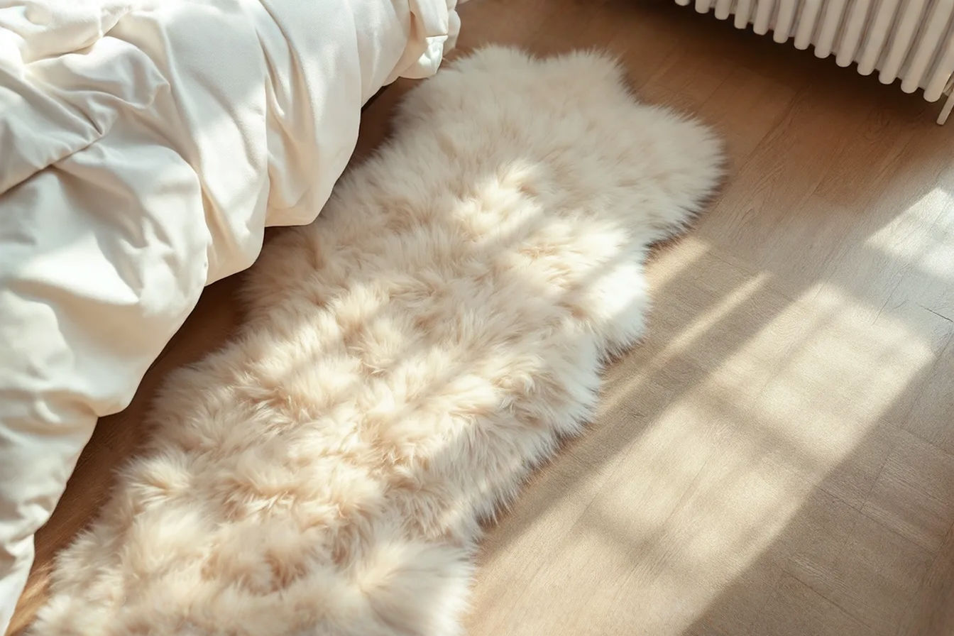 A high-angle, professional photograph showing a corner of a serene, well-lit bedroom. A fluffy, light-colored faux fur or sheepskin rug is partially visible on a wooden floor next to a bed with soft linens, emphasizing the cozy and luxurious texture of the rug. The image should convey warmth and comfort.