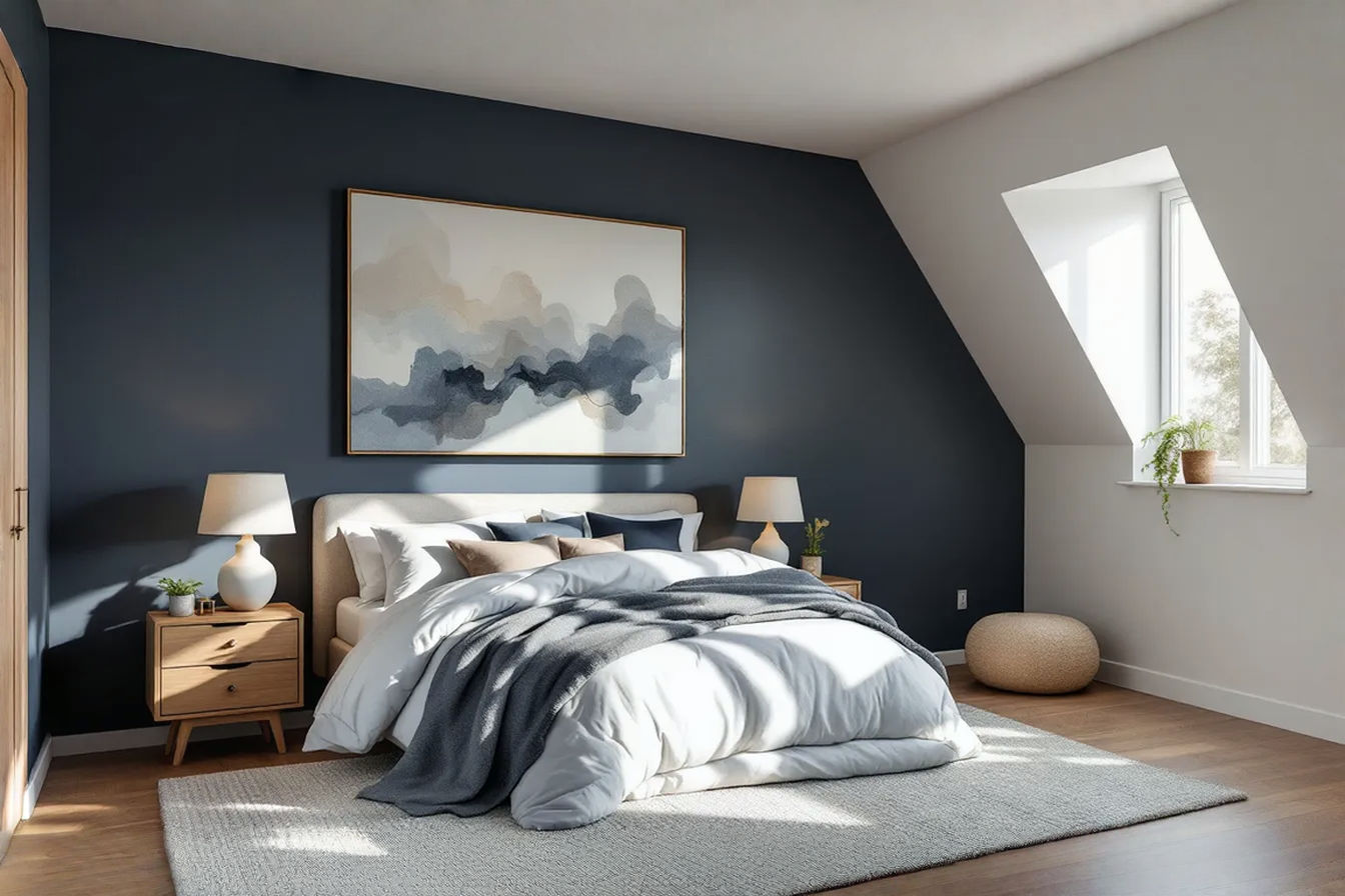 Professional interior photography of a serene bedroom featuring dark navy blue walls. The room contains a bed with layered white and grey bedding, natural wood nightstands with warm-toned lamps, a soft textured rug, and a large piece of calming abstract art above the bed. Sunlight streams gently through a window, highlighting the texture of the walls and creating a peaceful atmosphere.