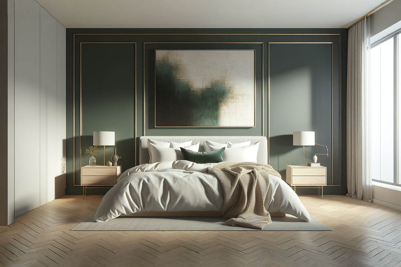 A modern bedroom with a deep forest green accent wall behind a bed. The bed is styled with crisp white and beige linen bedding, layered with a textured throw. Above the bed is a large abstract art piece with gold framing. Light wood nightstands with simple lamps sit on either side of the bed. The other walls are painted a light, neutral grey. Soft, warm lighting illuminates the space.