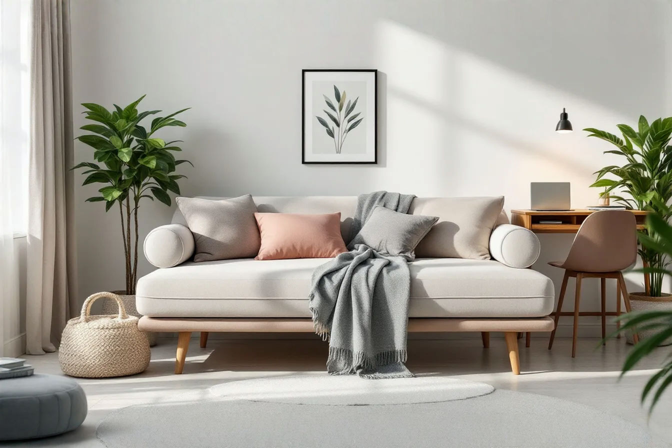 Professional interior photography showcasing a stylish, multi-functional room. The image features a modern daybed styled as a comfortable sofa with decorative pillows and a throw. In the background, a compact, well-organized desk area is visible, perhaps with a laptop and a small plant. The room should appear bright, clean, and inviting, demonstrating the seamless blend of office and guest room functions.