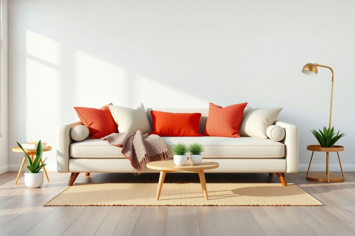 A bright, modern living room featuring a stylish full-size upholstered daybed against a light gray wall. The daybed is styled with several large, colorful throw pillows and a cozy textured throw blanket, making it look inviting and sofa-like. A small, round coffee table sits in front, and a few potted plants add greenery. The overall impression is a comfortable, multi-functional, and aesthetically pleasing living space.