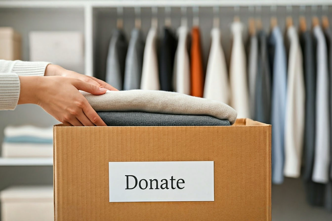 Professional photography style image. A bright, clean closet with neatly organized clothes visible on hangers and shelves. In the foreground, slightly blurred, are hands placing a folded sweater into a clearly labeled "Donate" box. The overall feel is light, airy, and organized, conveying the successful outcome of decluttering.