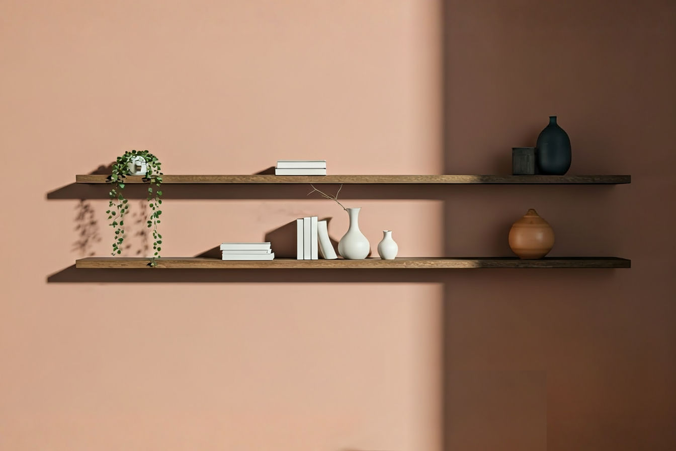 Professional interior photography showing a stylish living room wall with a large, dark-stained floating wooden shelf. The shelf is artfully decorated with a mix of books, ceramic vases of varying heights, a small trailing plant, and a few framed photos, creating a balanced and visually appealing display. The wall color is a soft, neutral tone, making the shelf and its contents stand out.