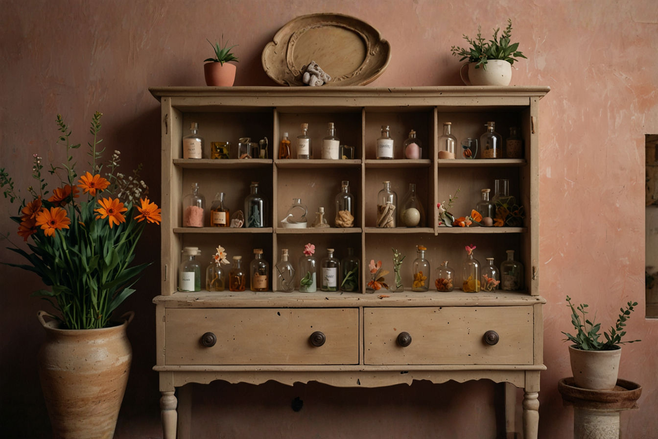A beautifully styled antique wooden apothecary cabinet filled with a curated collection of vintage glass bottles, small ceramic objects, and dried flowers. The cabinet is placed against a muted, textured wall in a living room setting, with soft, warm lighting highlighting the display. The image has a slightly shallow depth of field, focusing on the details of the items on the shelves and in the small drawers. Professional photography style.
