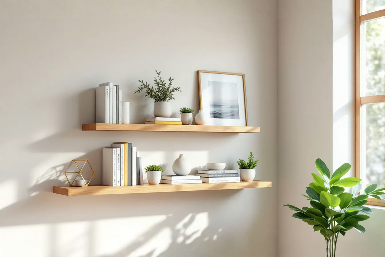 A professionally styled bedroom wall featuring two deep floating shelves. The shelves are made of warm-toned solid wood and are filled with a mix of neatly stacked books, a small potted plant, a few decorative ceramic objects, and a framed photograph. The wall color is a calming neutral tone, and soft natural light is coming from a nearby window. The image should convey both the aesthetic appeal and the practical storage capacity of the shelves in a bedroom setting.