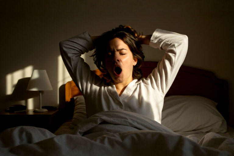 Professional photography style. A person is shown stretching or yawning in a sunlit bedroom, looking relaxed and comfortable. The lighting is soft and warm, suggesting morning light. The focus is on the person's relaxed state, implying good rest. The background is slightly blurred, showing a clean, calm bedroom environment.