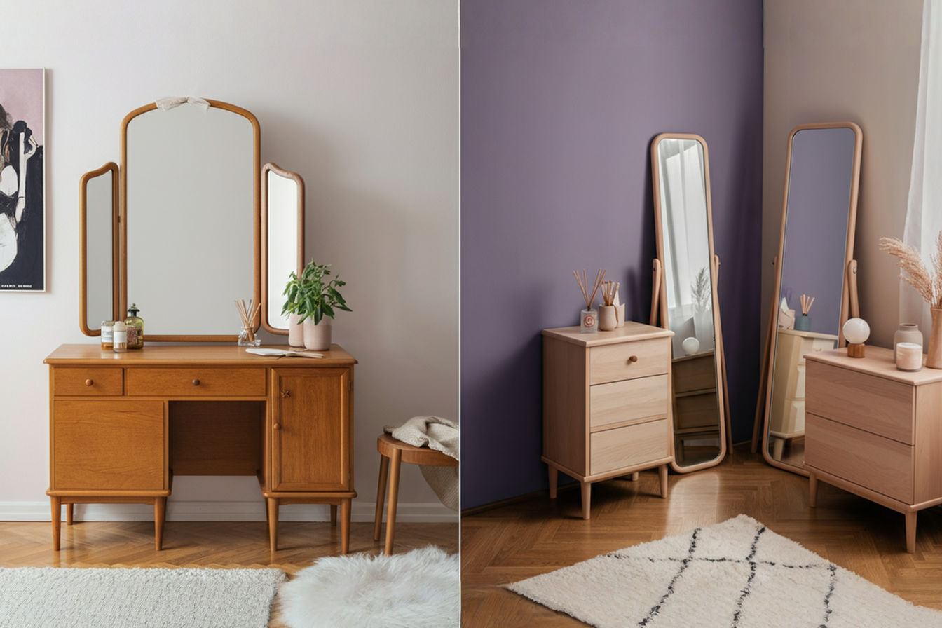 A professionally styled bedroom scene. On the left, a classic wooden dresser with an attached rectangular mirror, neatly arranged with a few decorative items. On the right, a modern bedroom corner featuring a sleek, full-length leaning mirror and a minimalist dresser nearby. The lighting is soft and inviting, highlighting the differences in scale and placement between the two mirror types.