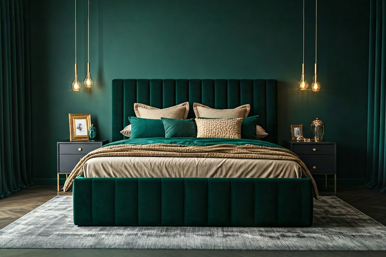 Professional interior photography of a luxurious bedroom featuring an emerald green velvet upholstered bed with layered neutral and green bedding. Behind the bed is a wall painted in deep matte emerald green. Gold or brass accents are visible in bedside lamps, a decorative tray, and a picture frame on a nearby dresser. The room is well-lit with warm artificial light and possibly some natural light filtering through elegant curtains. A soft, plush rug covers part of the floor. The overall mood is sophisticated, comfortable, and richly colored.
