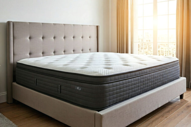A bright, inviting bedroom scene with a luxurious king-size mattress clearly visible on a bed frame. Sunlight streams in through a window. The mattress appears well-made with a textured cover. The overall feel is one of comfort and quality, implying that finding a great mattress is possible even with a budget-friendly approach during a sale. Professional photography style.