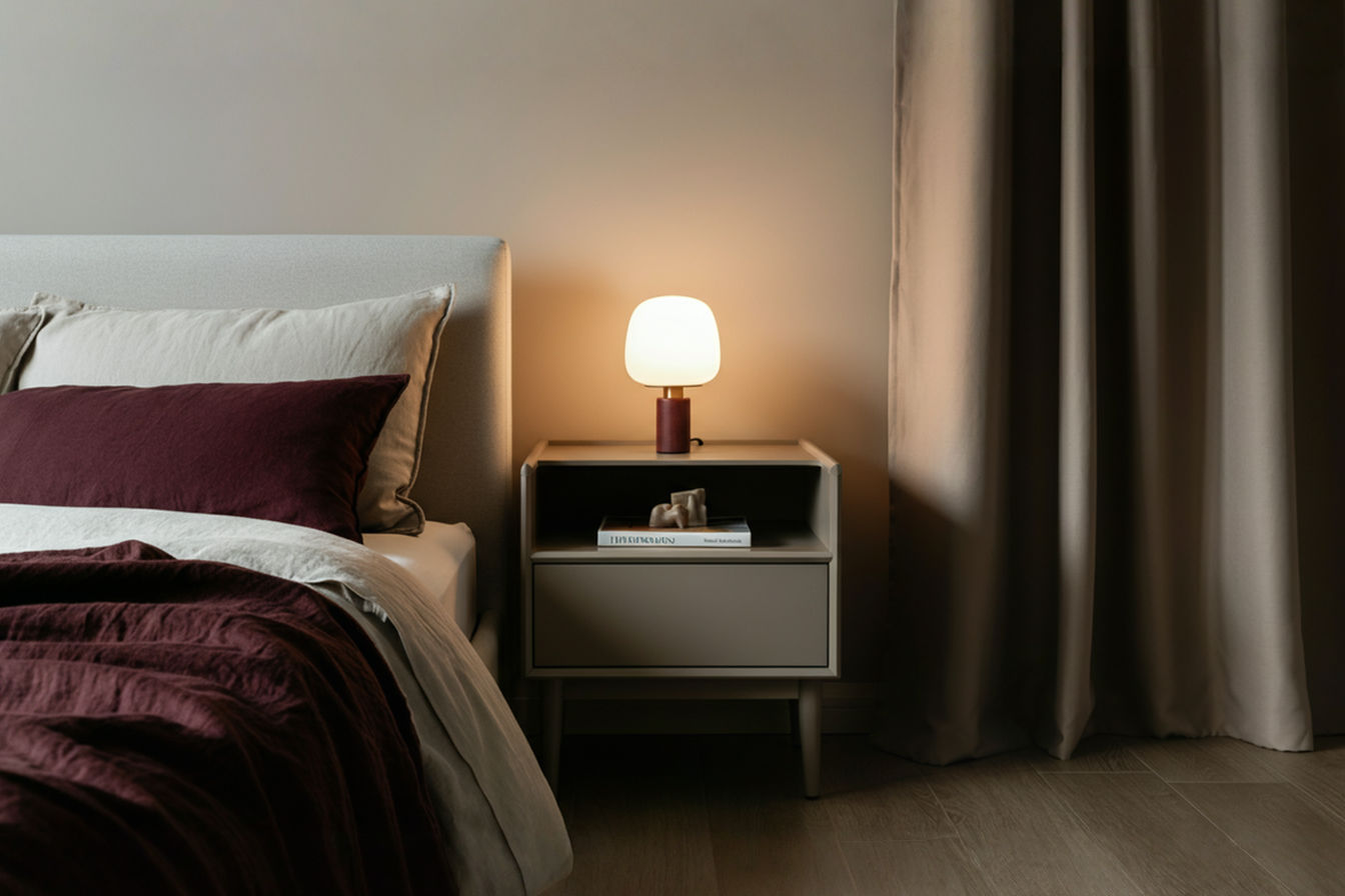 A professionally styled bedroom scene featuring a bed with a neatly made duvet and pillows. To one side, a stylish nightstand complements the bed and room decor. The nightstand holds a tasteful lamp, a book, and a small decorative item. The lighting is soft and inviting, highlighting the texture and finish of the nightstand and creating a calm, appealing atmosphere.