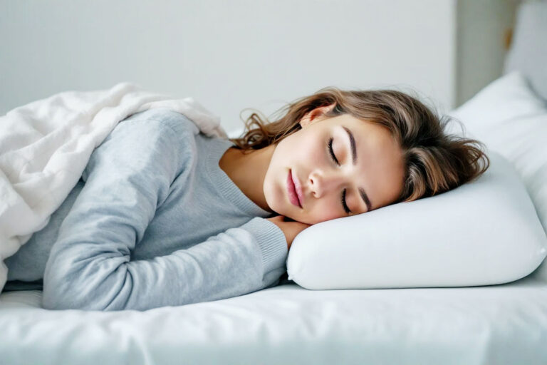 A professional, clean photograph showing a person lying on their side in bed, head resting on a firm-looking, high-loft pillow. The image should clearly illustrate good head and neck alignment, with the spine appearing straight. The colors should be calming and muted, suggesting a restful sleep environment. Focus on the supportive angle of the head relative to the shoulder and mattress.