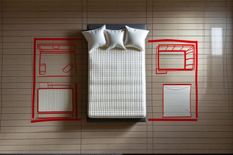 A top-down professional photograph of a full size mattress on a bedroom floor, with furniture outlines sketched on the floor around it, illustrating room planning. The image should have soft, natural lighting.