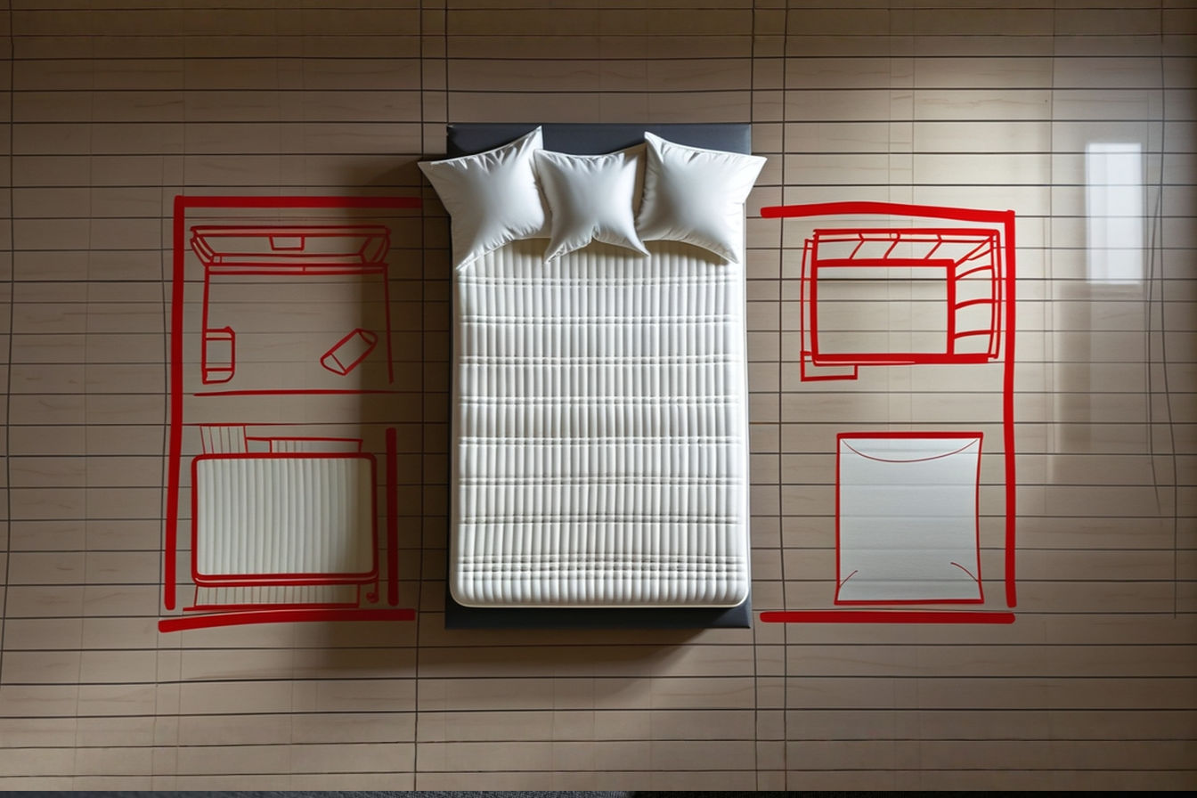 A top-down professional photograph of a full size mattress on a bedroom floor, with furniture outlines sketched on the floor around it, illustrating room planning. The image should have soft, natural lighting.