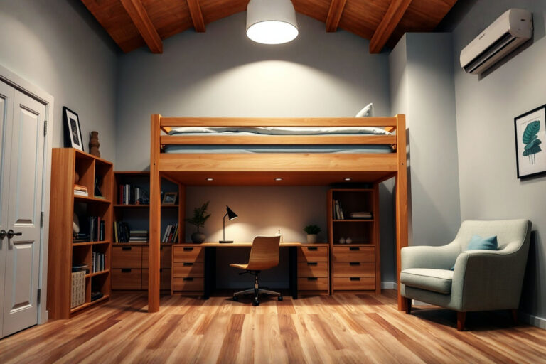 Professional photograph of a modern full-size wooden loft bed in a bright, well-organized bedroom. The space underneath features a neat desk with a lamp and chair, shelves filled with books and decor, and a comfortable armchair in the corner. The bed above is neatly made with contemporary bedding. The overall image is clean, inviting, and clearly illustrates the multi-functional use of space.