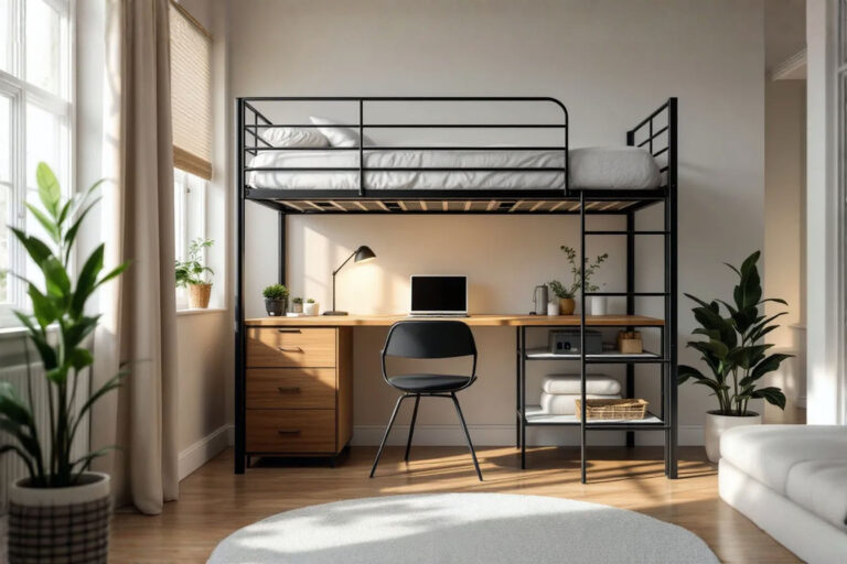 A professional, well-lit photograph of a stylish, modern studio apartment. In the foreground, a full-size metal loft bed is visible, with a compact, organized workspace featuring a desk and chair neatly arranged in the open area underneath the bed. The image should convey smart space utilization and a comfortable, functional living environment in a small area. The color scheme is neutral and calming, highlighting the sense of space created by the bed frame choice.