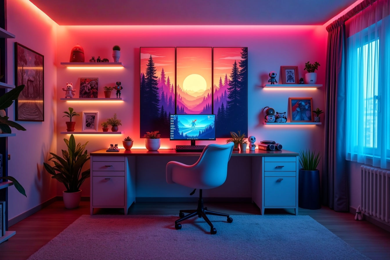 A stylish and well-lit gamer's bedroom featuring a large, multi-panel canvas print of a vibrant, stylized video game landscape hanging behind a monitor setup. Shelves on the wall display collectible figures, and RGB lighting subtly illuminates the art and the surrounding area, creating an inviting and personalized atmosphere. The photo is taken from a slightly elevated angle, showing the overall setup and the impact of the wall art. Professional photography style with a focus on clean lines and atmospheric lighting.