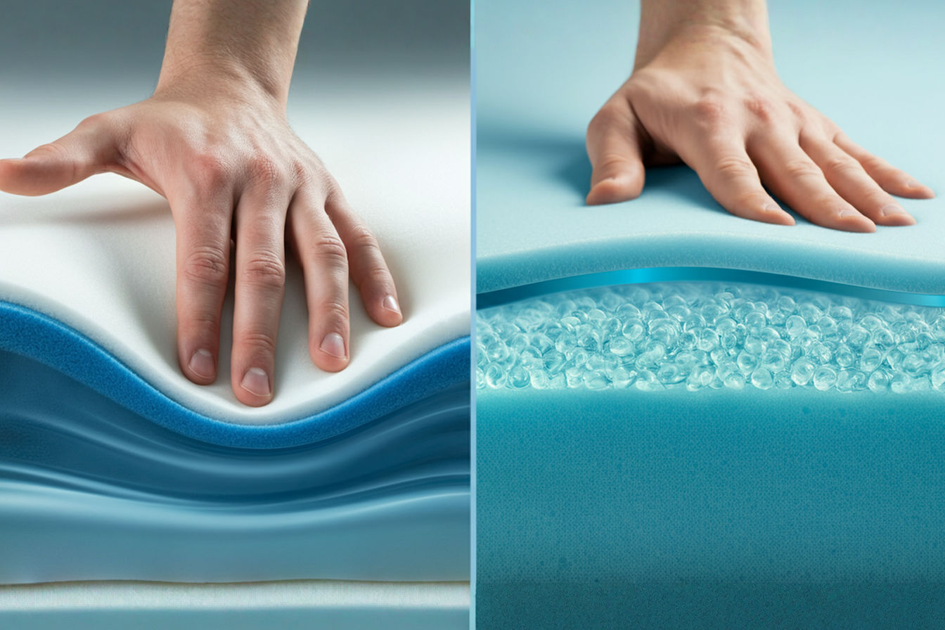 A split image showing a hand pressing into a memory foam mattress topper on one side, leaving a clear indentation, and a hand pressing into a gel-infused foam mattress topper on the other side, with the indentation slightly less defined or recovering faster. The image should have clean, professional lighting and highlight the texture and response of both materials.