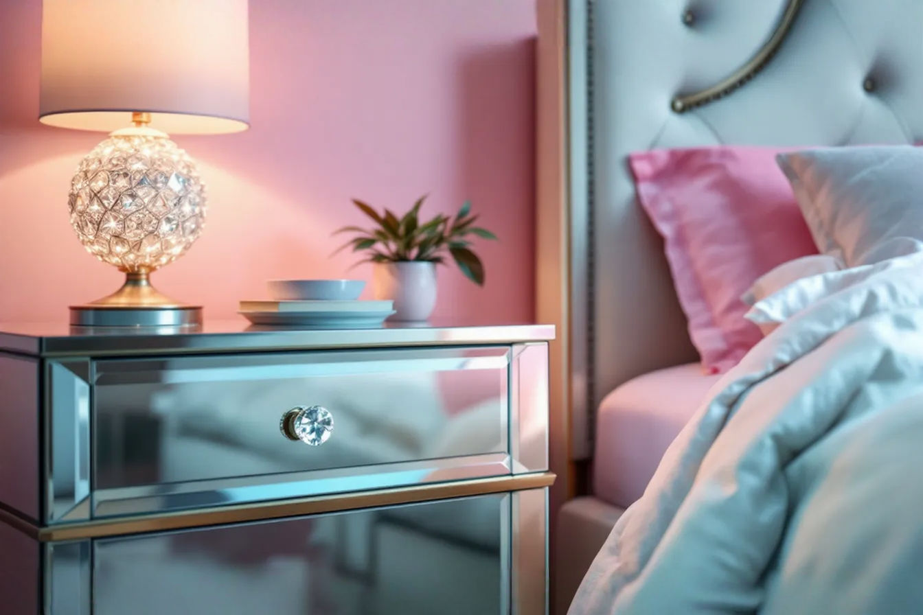 Professional photography style. A close-up shot of a glamorous mirrored nightstand next to a beautifully made bed. The nightstand has a beveled edge mirror finish and a crystal knob. A stylish lamp with a warm glow sits on top, along with a stack of books and a small decorative tray. The background shows a soft, luxurious headboard and elegant bedding, slightly blurred to keep the focus on the nightstand. The lighting is soft and inviting, highlighting the reflective qualities of the mirror.